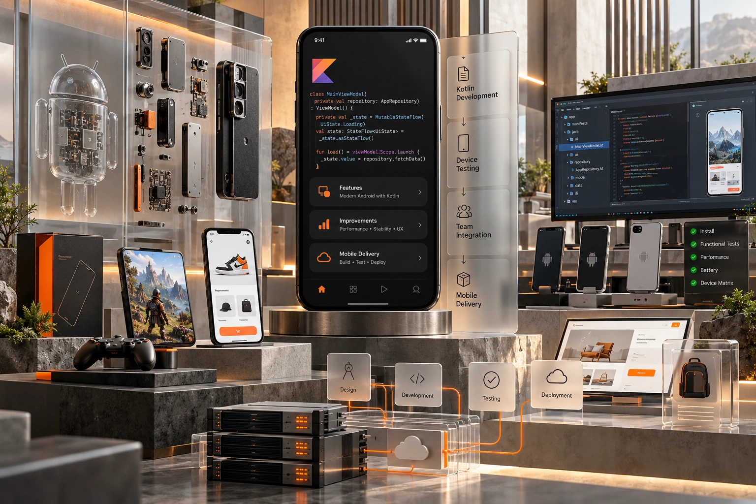 Original Hire Android App Developer studio concept exploring kotlin delivery, device testing, team integration
