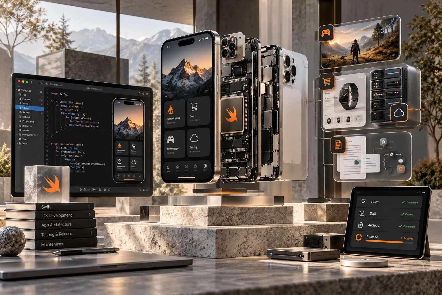 Original Hire iOS App Developer studio concept exploring swift implementation, release collaboration, maintainable contribution