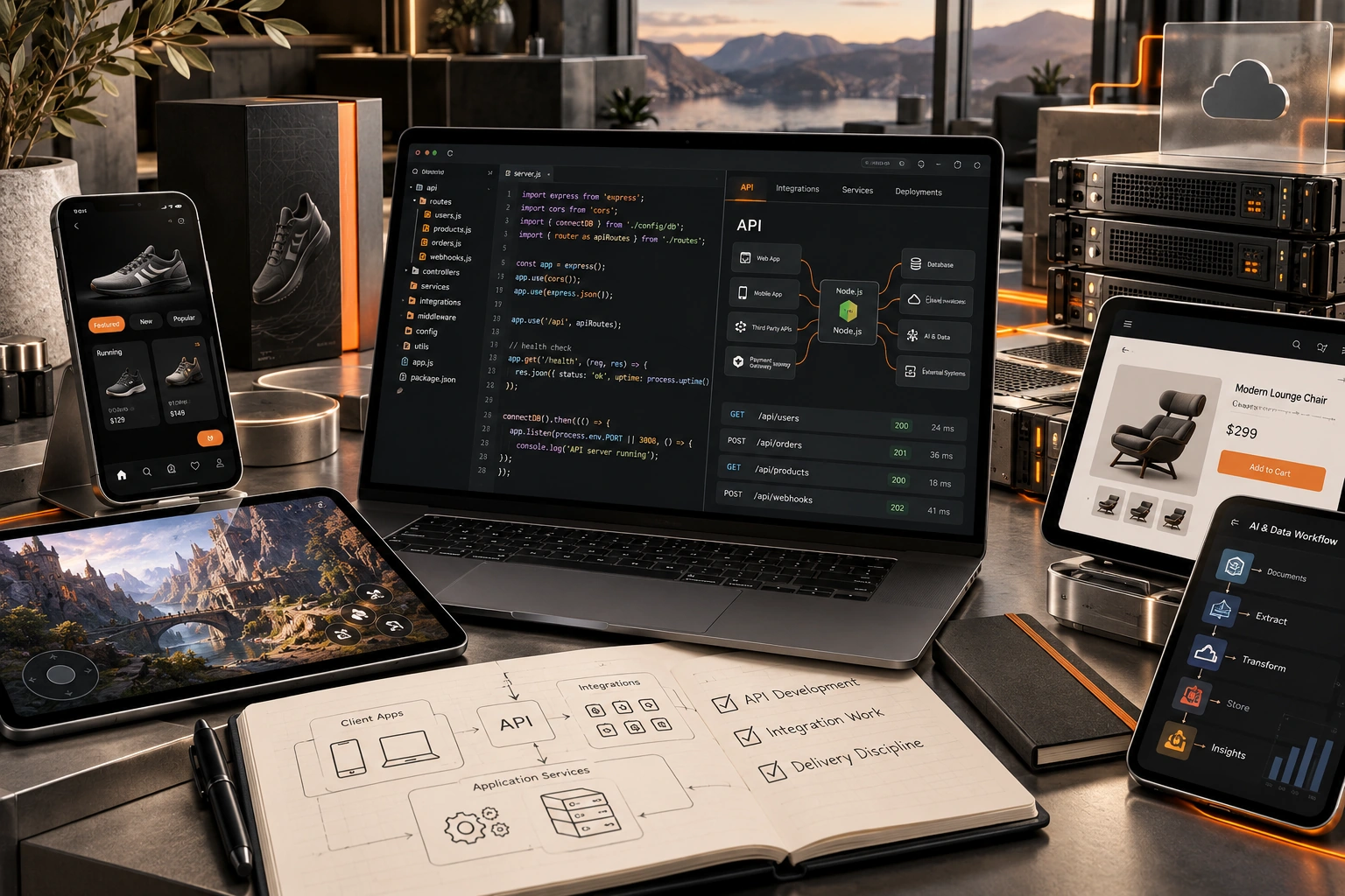 Original Hire Node.js Developer studio concept exploring api development, integration work, delivery discipline