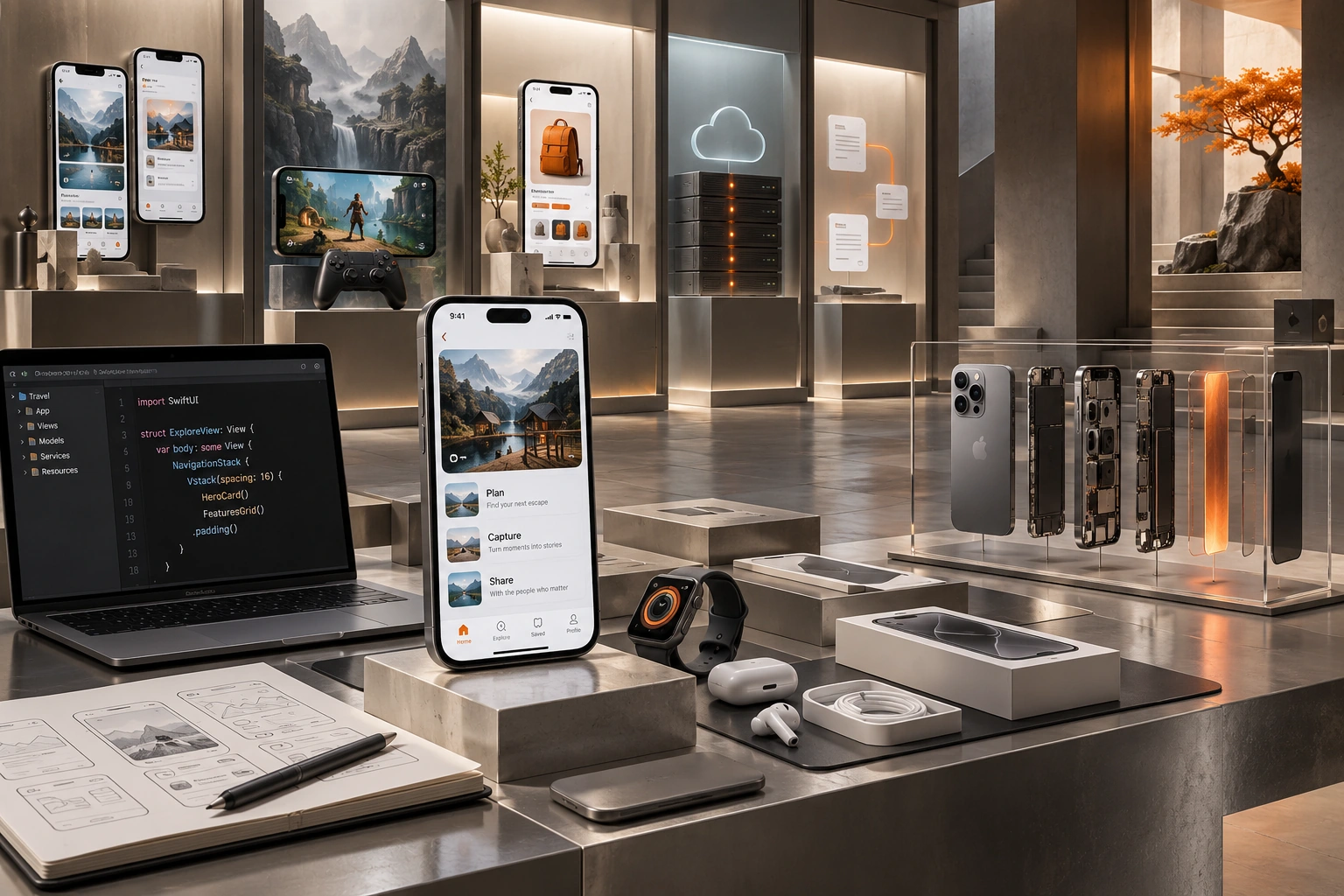 Original iOS App Development studio concept exploring native ios interfaces, device integrations, release preparation