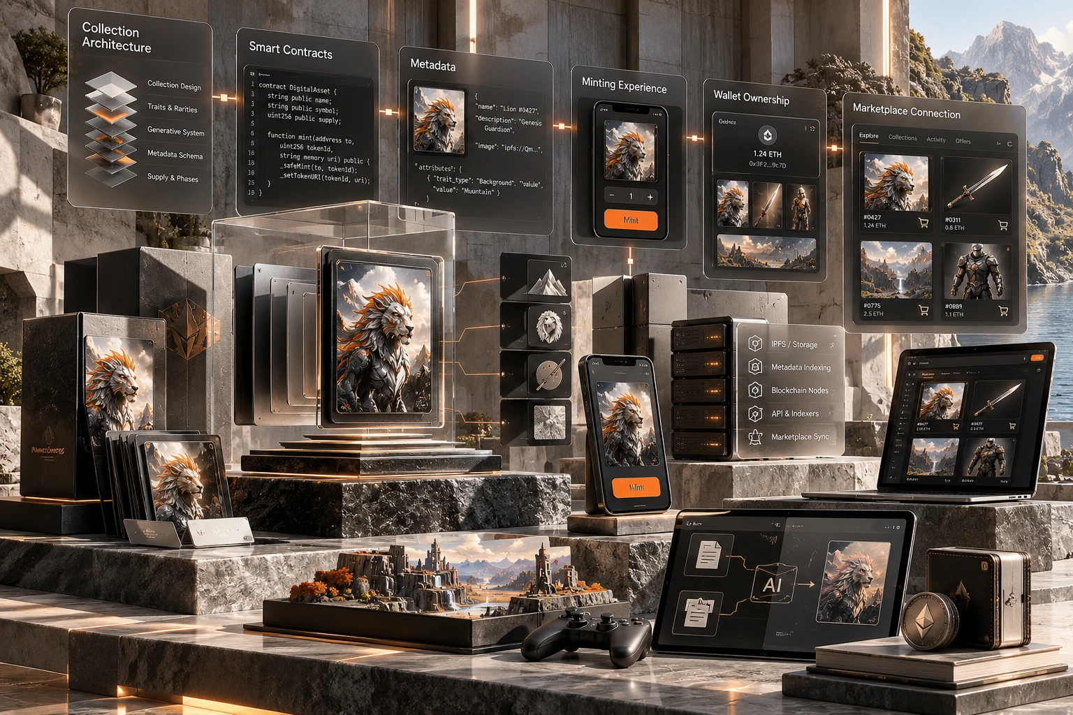 Original NFT Development studio concept exploring collection architecture, minting experiences, marketplace connections