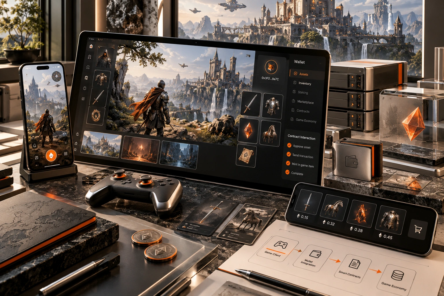 Original Web3 Game Development studio concept exploring game economy design, wallet integration, contract connections
