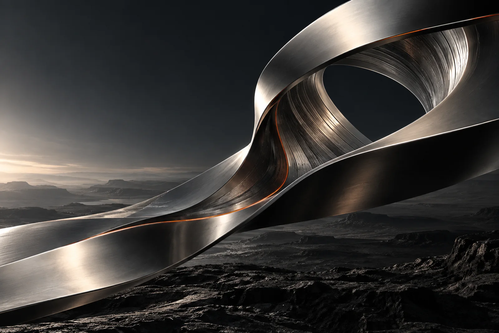 A sculptural silver ribbon opens a path through a digital valley