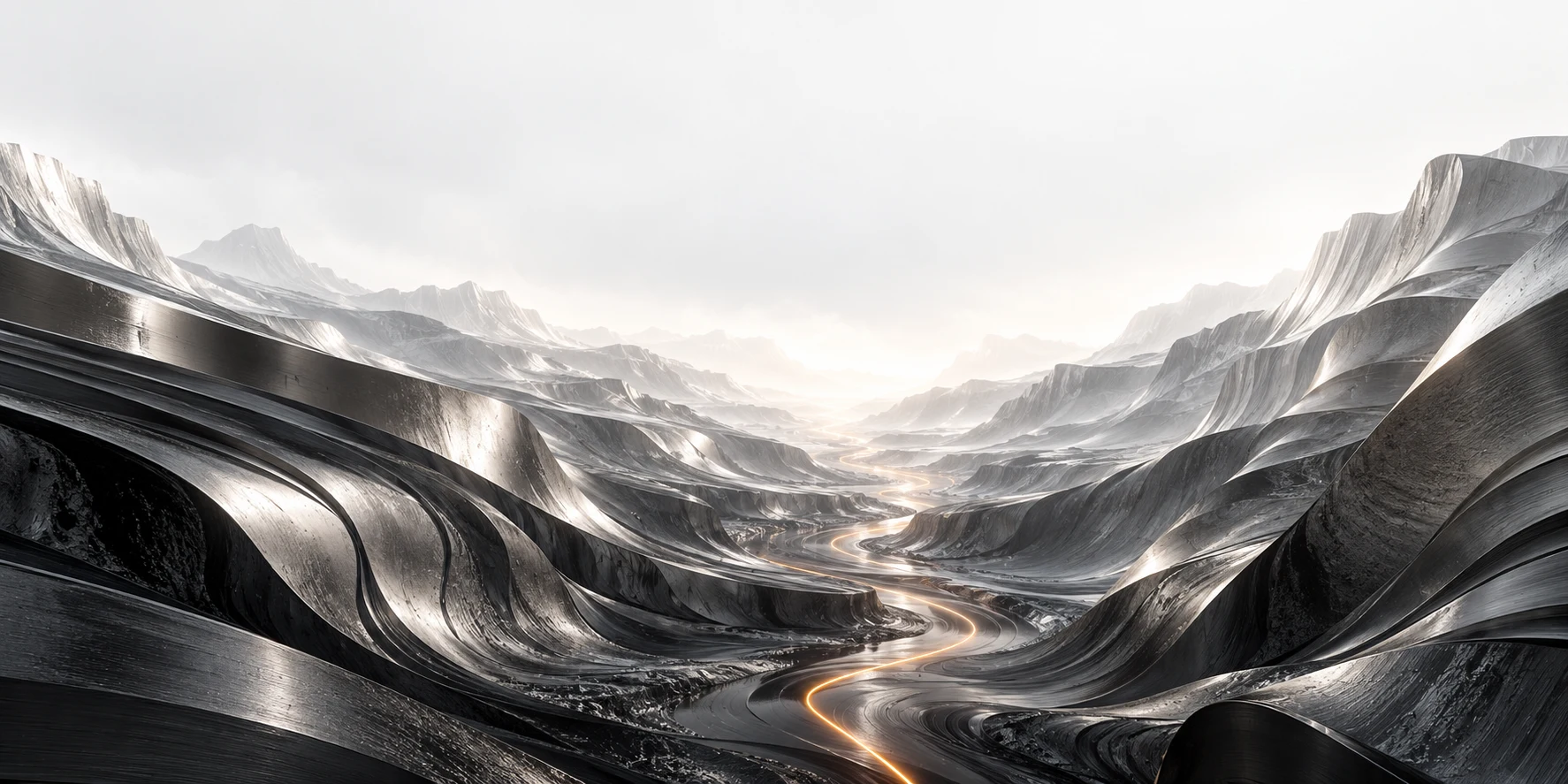 Intricately layered titanium canyon walls surround a fine illuminated path toward a luminous horizon.