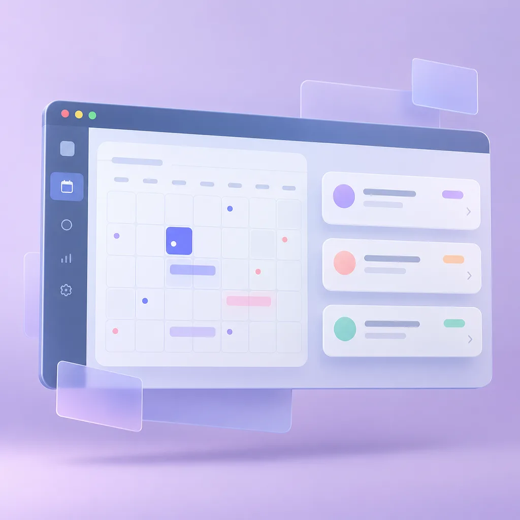 A minimal calendar and task interface composed as a product-demo keyframe