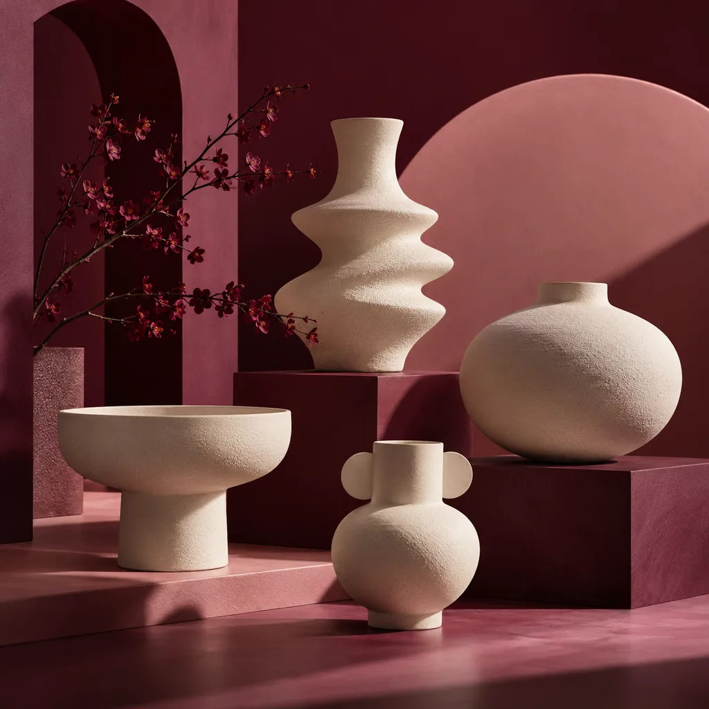 Cream ceramic vessels on a burgundy brand-film set