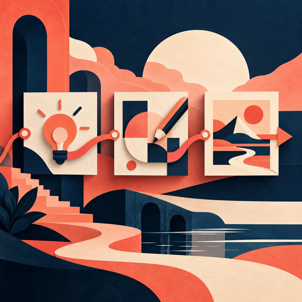 Coral and navy graphic shapes arranged as an explainer-video sequence