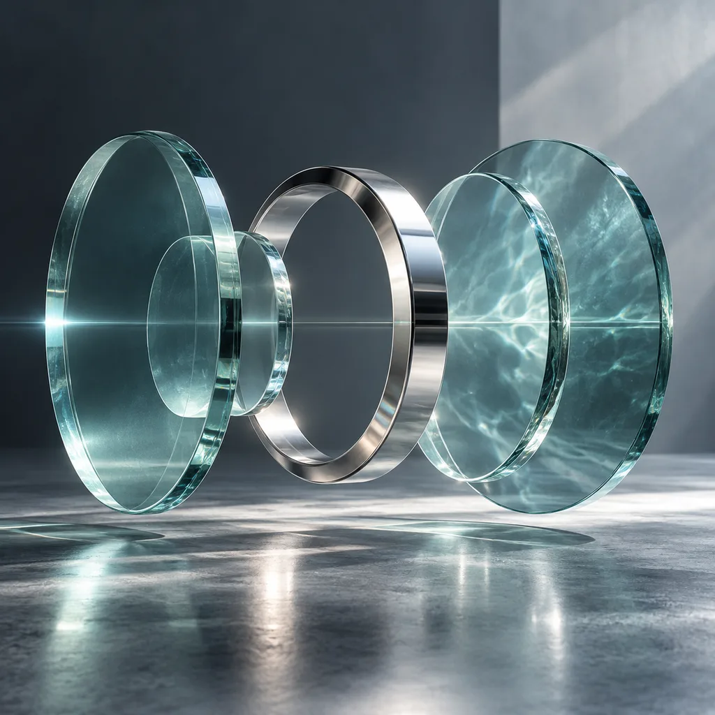 Aqua glass and silver forms in a cinematic launch-film keyframe