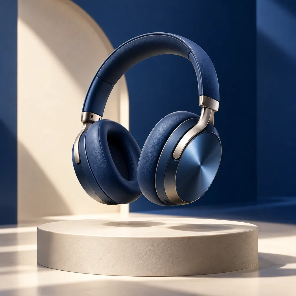 Cobalt headphones on a minimal ivory product-film set