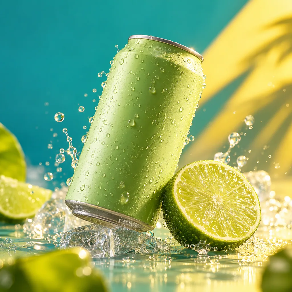 An unbranded citrus drink can and lime in a teal product-video composition